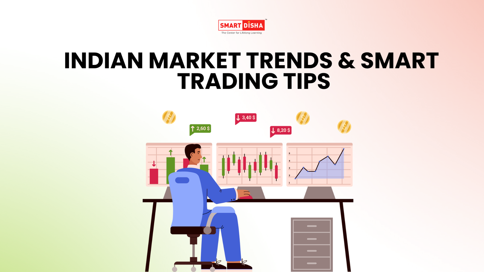 Trader studying Indian market charts on multiple screens showing price trends and smart trading tips