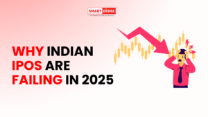 llustration showing a stressed investor reacting to a falling stock chart with the text “Why Indian IPOs Are Failing in 2025,” representing weak IPO performance and market decline
