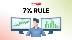 A stock trader sitting between two computer monitors displaying green market charts, with the Smart Disha Academy logo above and the bold title “7% Rule” in the center