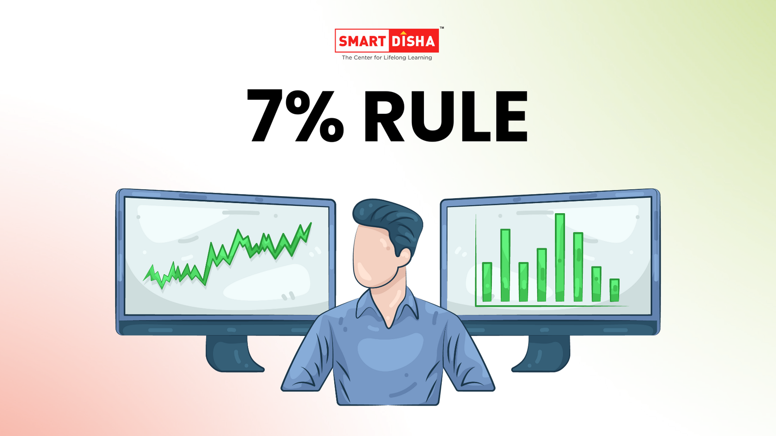 A stock trader sitting between two computer monitors displaying green market charts, with the Smart Disha Academy logo above and the bold title “7% Rule” in the center