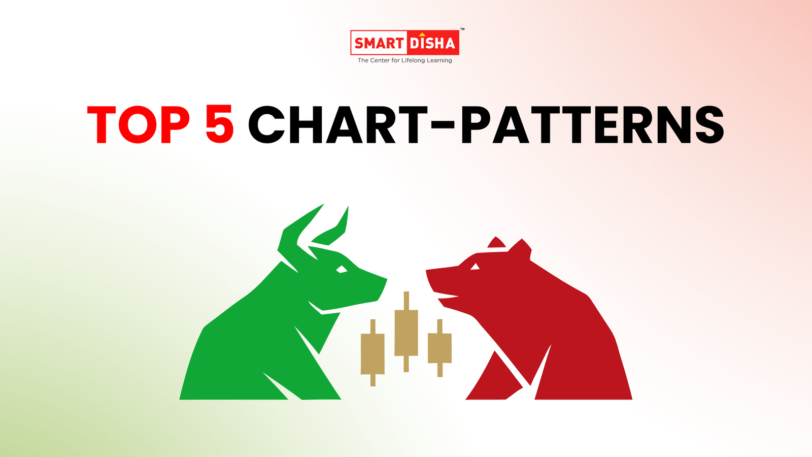 Smart Disha thumbnail showing TOP 5 CHART PATTERNS text with green bull, red bear, and candlestick icons representing stock market trends