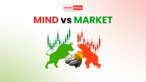Illustration of a green bull and a red bear facing each other with candlestick charts and a brain in the center, under the title ‘Mind vs Market