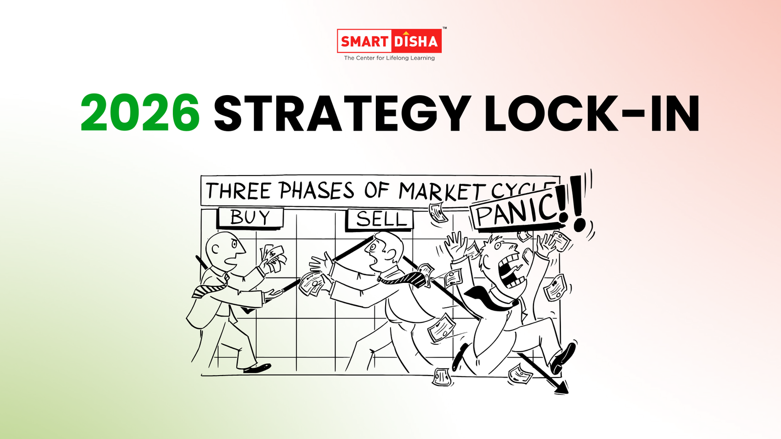 2026 strategy lock in illustration showing three market phases buy sell and panic with traders reacting emotionally under Smart Disha branding