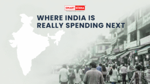 Illustration of India map beside a busy Indian street market, representing where India’s consumer spending is growing, with Smart Disha branding
