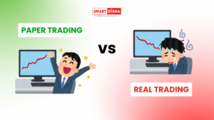 Smart Disha thumbnail comparing paper trading vs real trading showing a happy trader with rising chart on demo and a stressed trader with falling chart on live account
