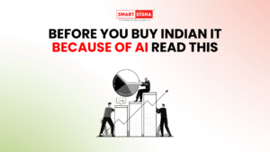 Smart Disha blog thumbnail warning investors to read before buying Indian IT stocks due to AI, with growth charts and analysis illustration