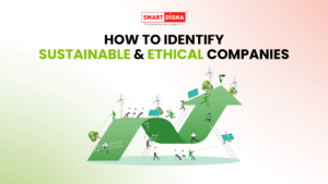 Illustration showing people building an upward green arrow with renewable energy icons, representing how to identify sustainable and ethical companies