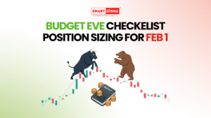 Budget eve checklist for Feb 1 showing position sizing strategy, bull and bear market symbols, price chart, and Union Budget theme for traders