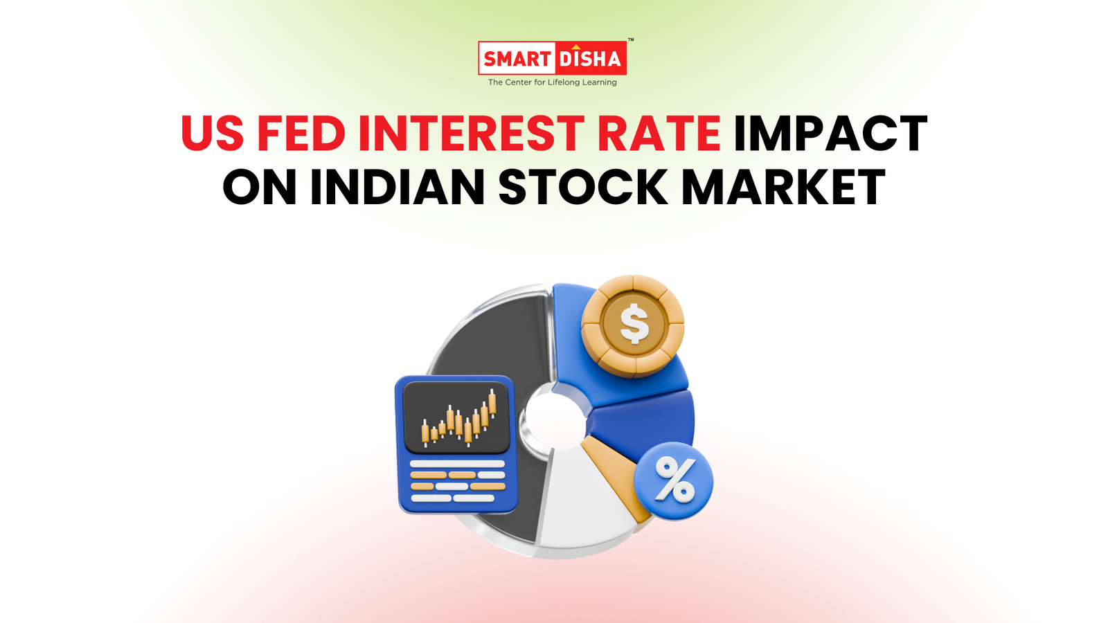 US Fed interest rate impact on Indian stock market with finance icons showing graph, dollar, and percentage