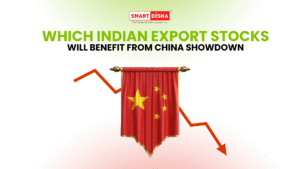 Indian export stocks benefit from China slowdown with downward trend graph and China flag illustration