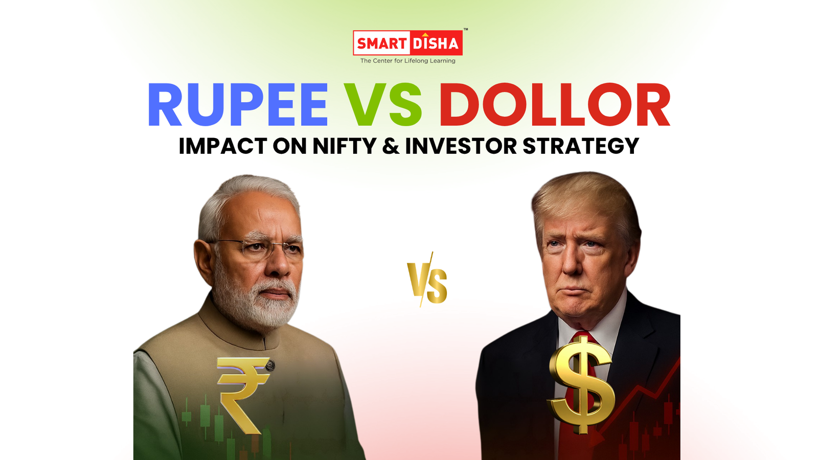Rupee vs Dollar impact on Nifty showing Indian and US leaders with currency symbols and market trend background