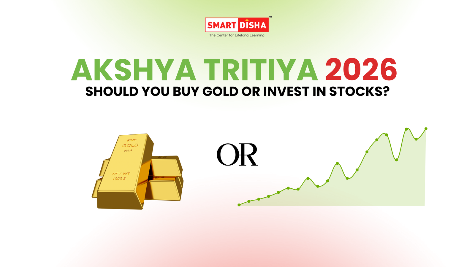 Akshaya Tritiya 2026 gold vs stocks investment choice with gold bars and stock market growth chart illustration