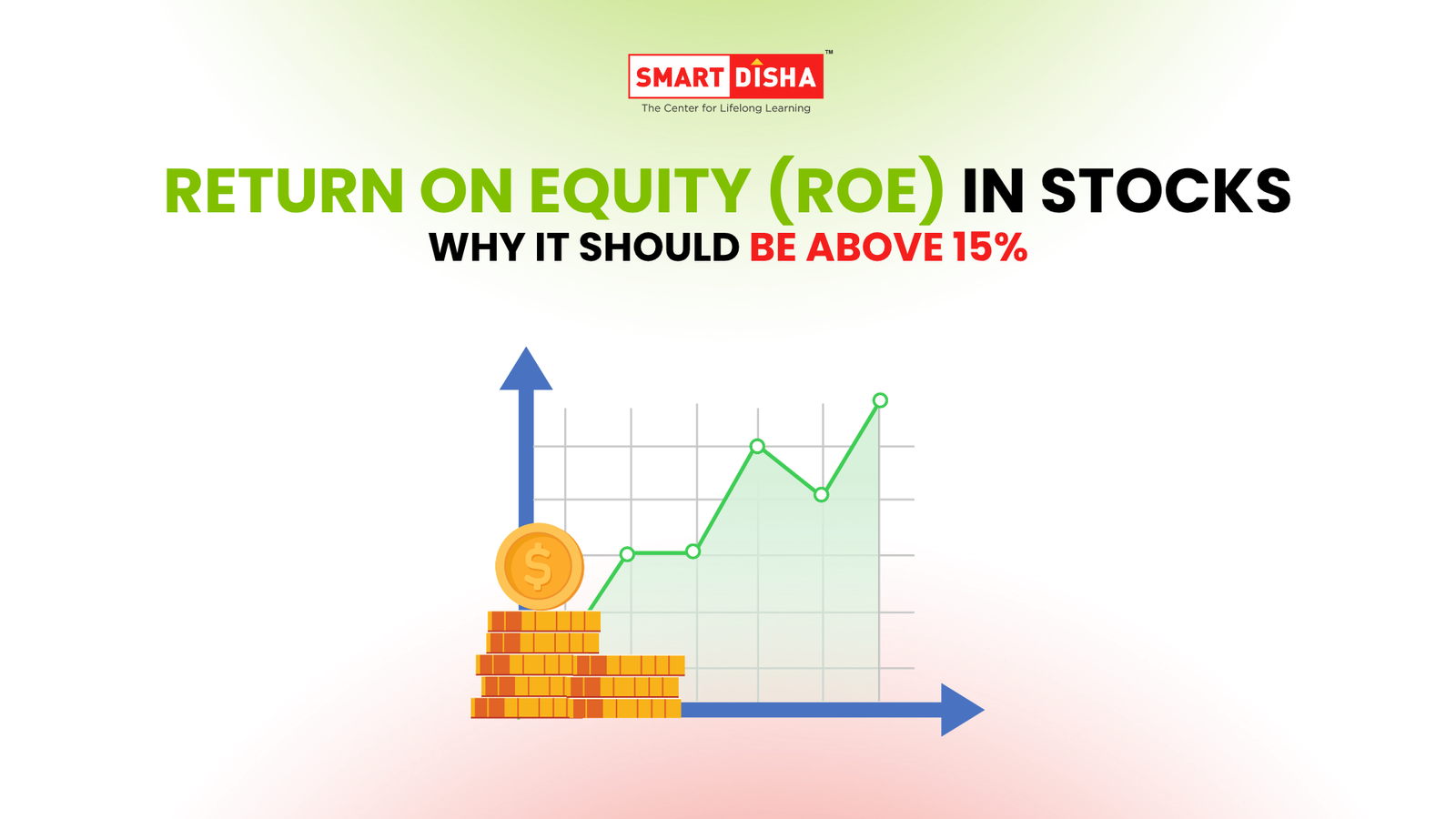Return on equity in stocks concept with financial growth chart and stacked coins representing profit above 15 percent